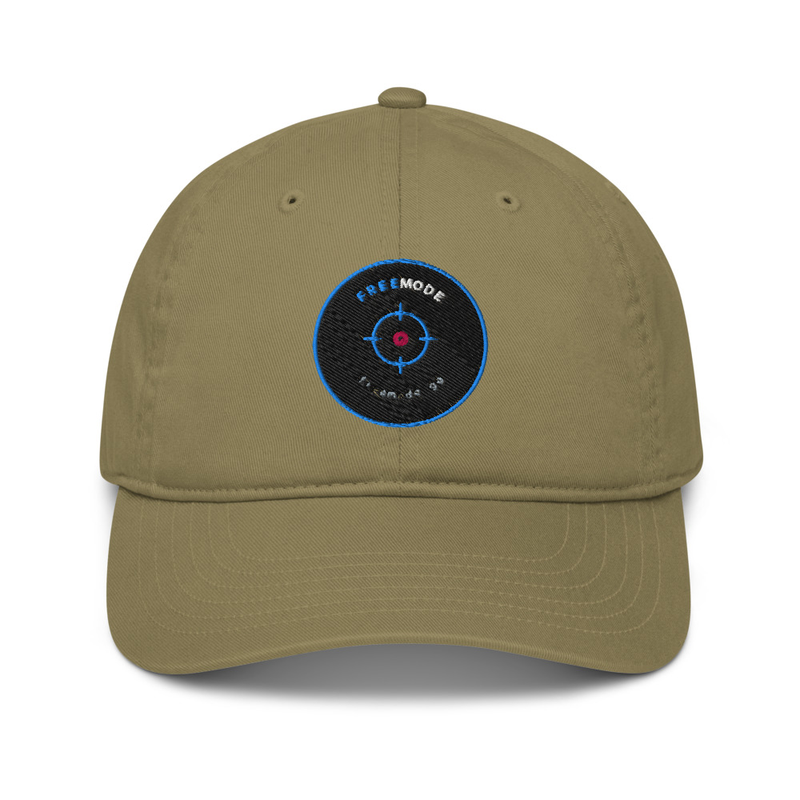 freemode crosshair cap — an embroidered circular crosshair badge on the front of a khaki curved-brim organic-cotton cap