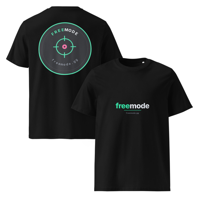 freemode logos tee — the freemode wordmark printed on the front and the target/crosshair badge on the back of a black organic-cotton shirt