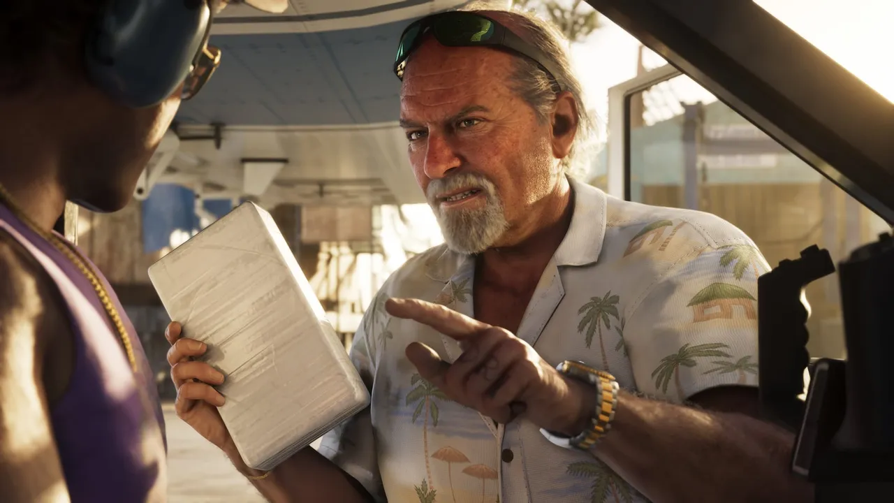 Brian handing a wrapped package to a man in a plane — official screenshot