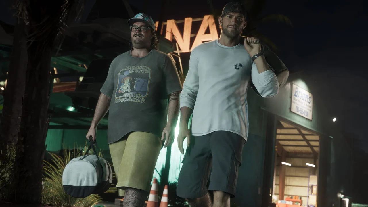 Cal and Jason walking side by side, each carrying a duffel bag, marina sign behind — official screenshot
