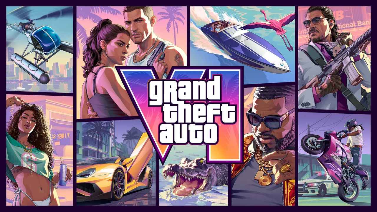 Jason and Lucia at the center of the official GTA VI cover-art collage