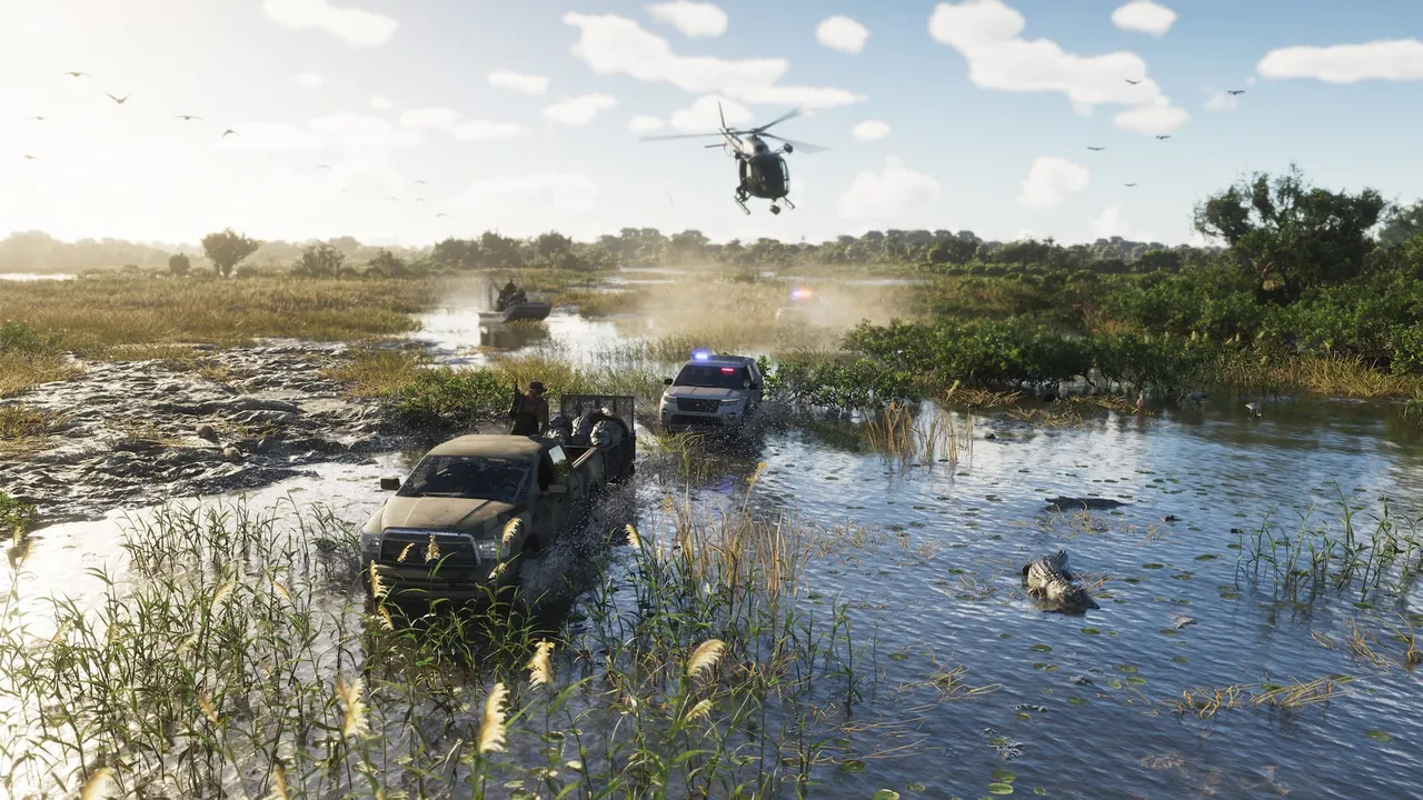 A helicopter and two police cars chase a pickup truck through a gator swamp — official screenshot