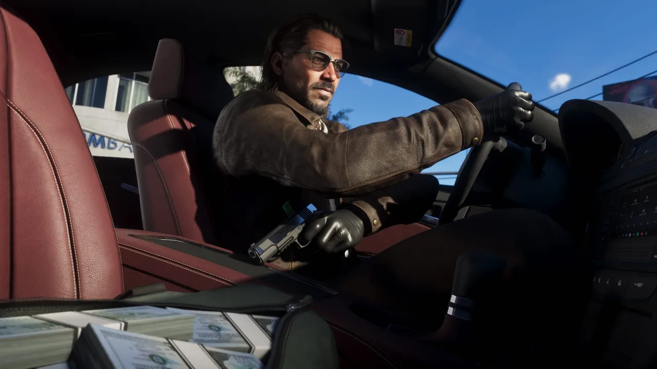 Raul driving one-handed with a pistol, an open bag of cash on the passenger seat — official screenshot