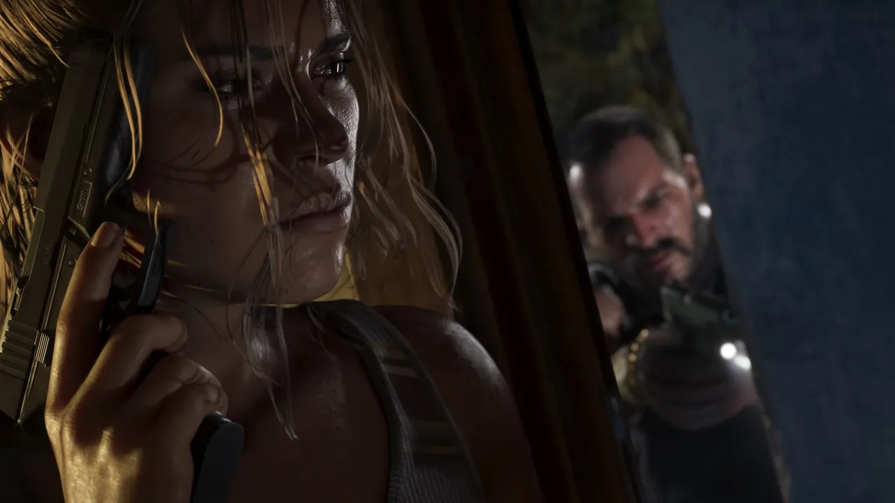Lucia with a handgun behind a slightly open door as a man aims back through the gap — official screenshot