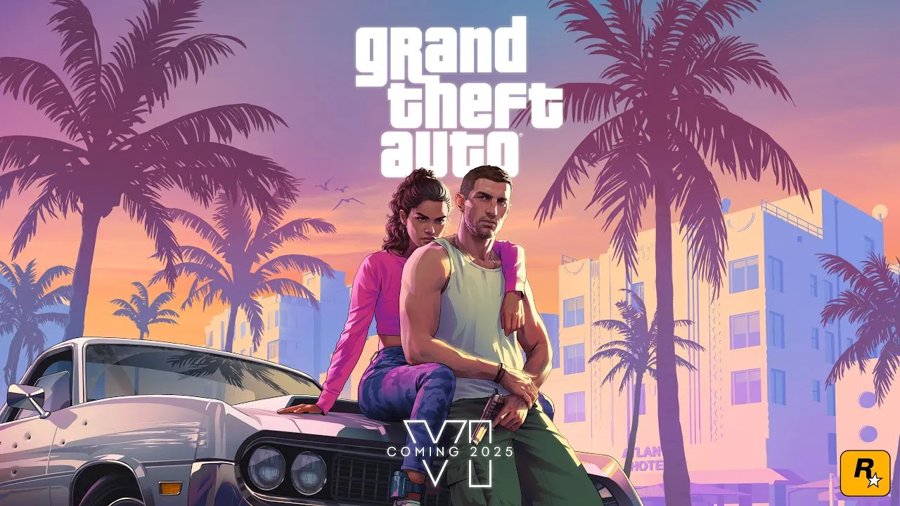 Trailer 1 keyart — Jason and Lucia on a car hood under the original "Coming 2025" window