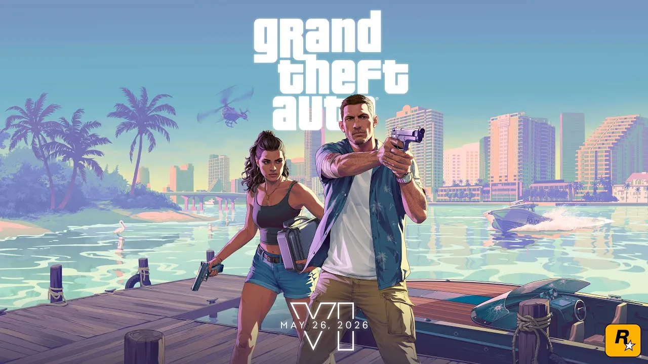 Trailer 2 keyart — Jason aiming from the dock, Lucia carrying a case, dated with the since-moved May 26, 2026